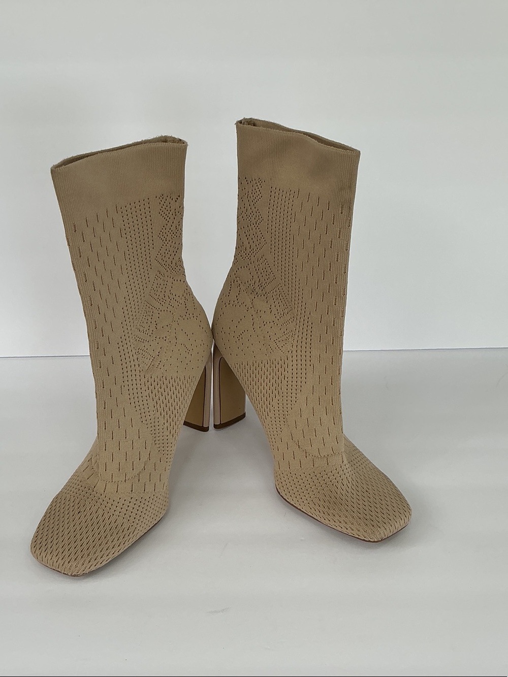 Charles By Charles David Taupe Knit Sock Block-Heel Boots